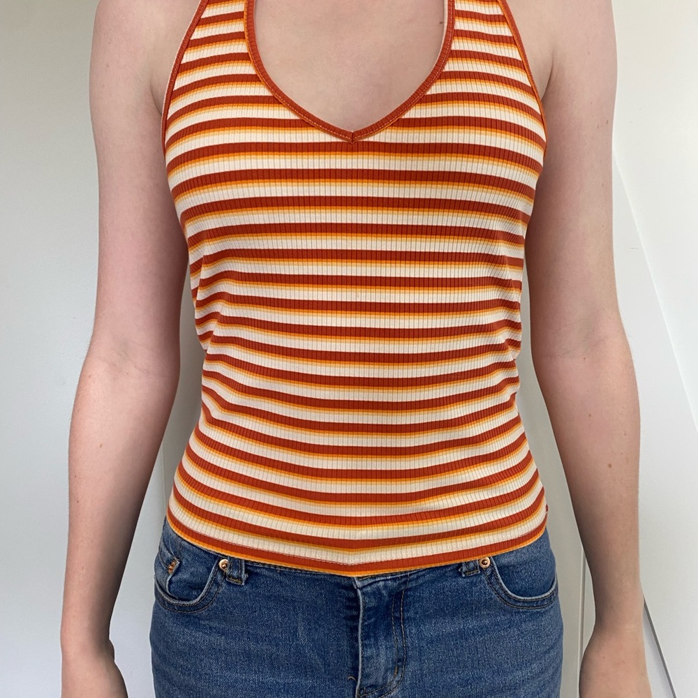 American Eagle Outfitters Orange and White Ribbed Halter Size S Skater 90's